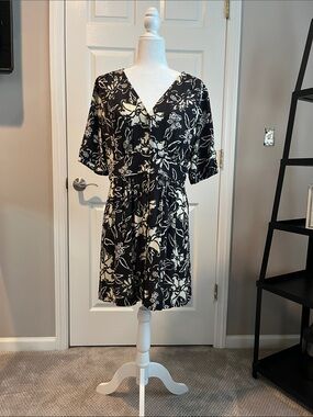 ba&sh Black and Cream Floral V-Neck Short Dress